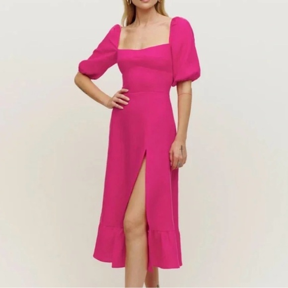 Monteau Dresses & Skirts - Monteau Los Angeles Pink Midi Square Neck, Puff Sleeved, Front Slit Dress Sz Lg